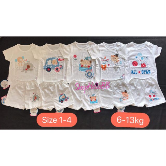 size 1-4 cho bé trai 6-13kg BỘ NGẮN TRẮNG IN Hello BB cài nút vai (HÌNH IN ngẫu nhiên, áo và quần không trùng nhau)