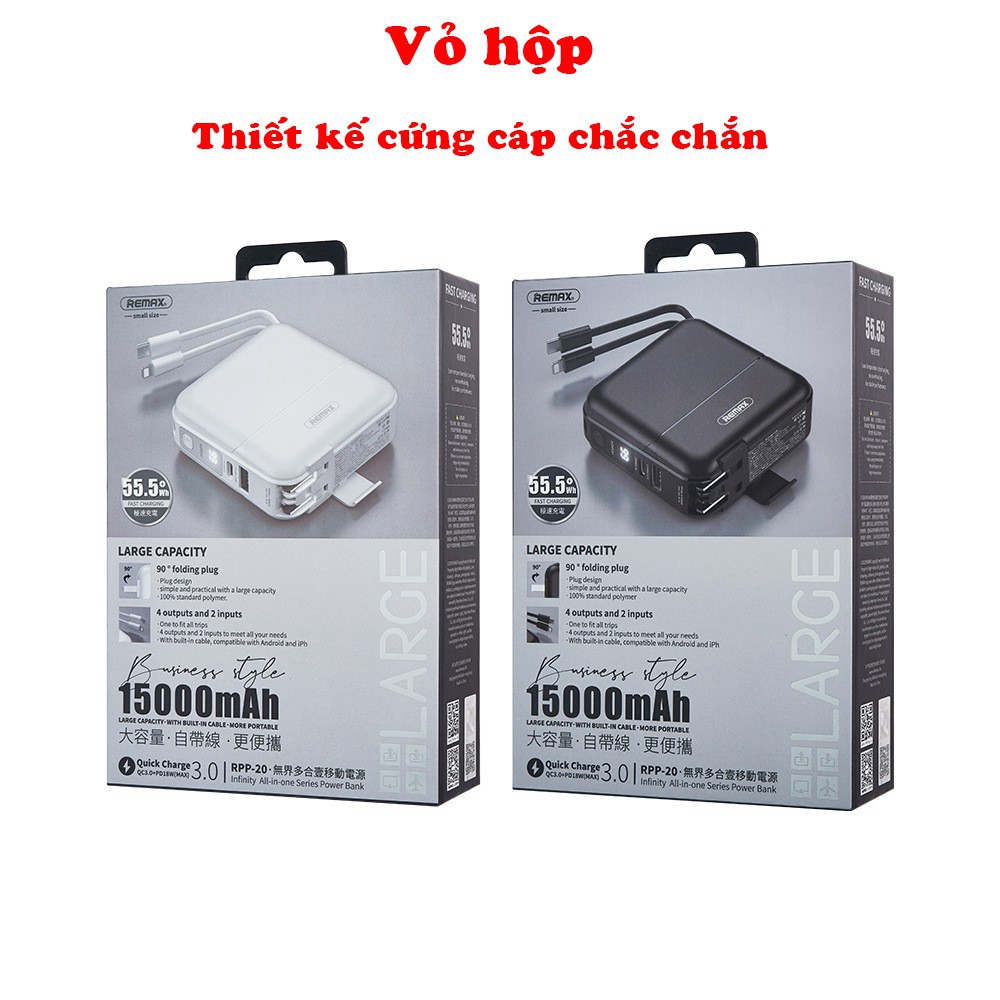 [NEW] Remax RPP-20 - Pin sạc dự phòng dung lượng 15000mAh tích hợp sẵn 2 đầu ra (Có thể cắm trực tiếp thay củ sạc)