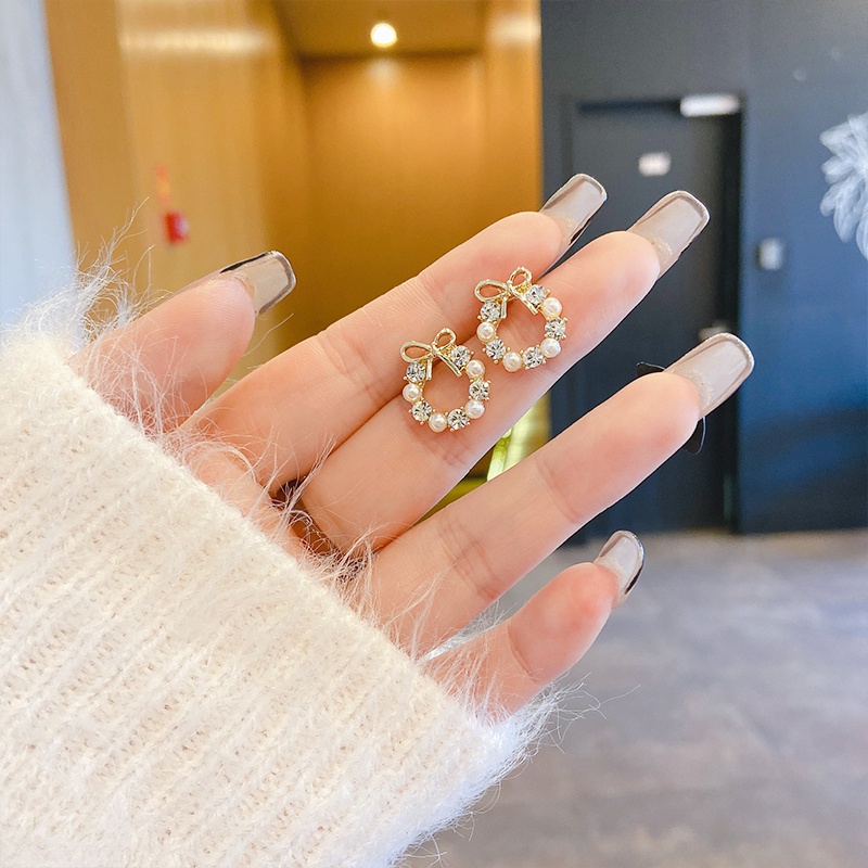 Bông tai trang trí nơ đính hạt ngọc trai phong cách Hàn Quốc dành cho nữ