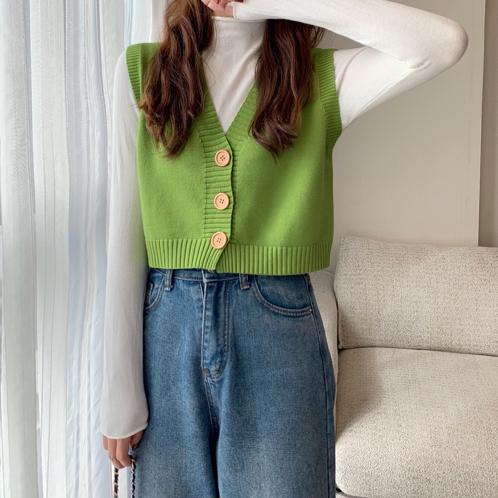 Áo croptop XIAOZHAINV dệt kim không tay cổ chữ V đơn giản dành cho nữ