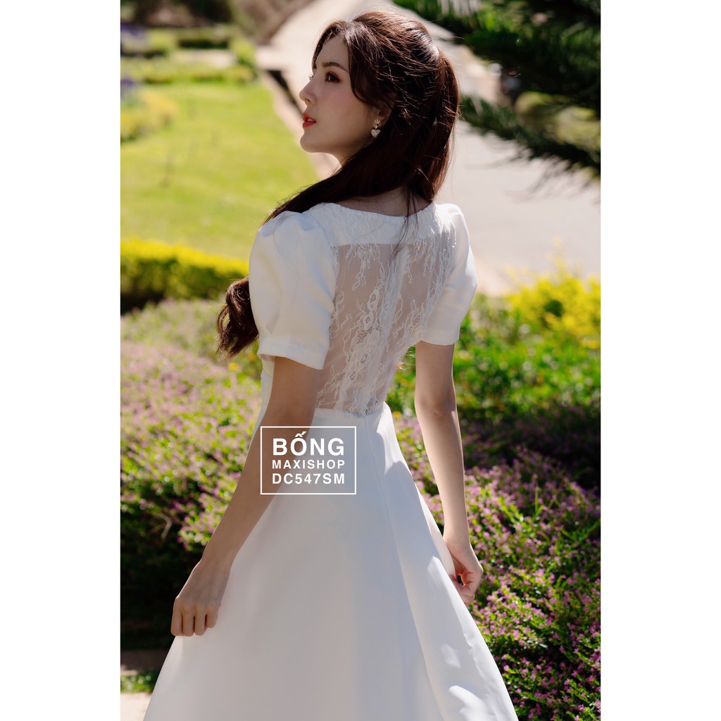 BỐNG MAXI SHOP - DC547 - Đầm Cưới PN Trắng Xếp Li Eo Lưng Ren
