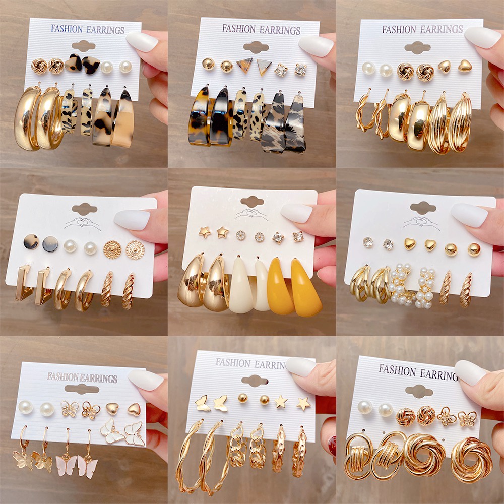 iF YOU Set 6 Đôi Bông Tai Mặt Hình Bươm Bướm Đính Ngọc Trai Nhân Tạo Thời Trang Cho Nữ