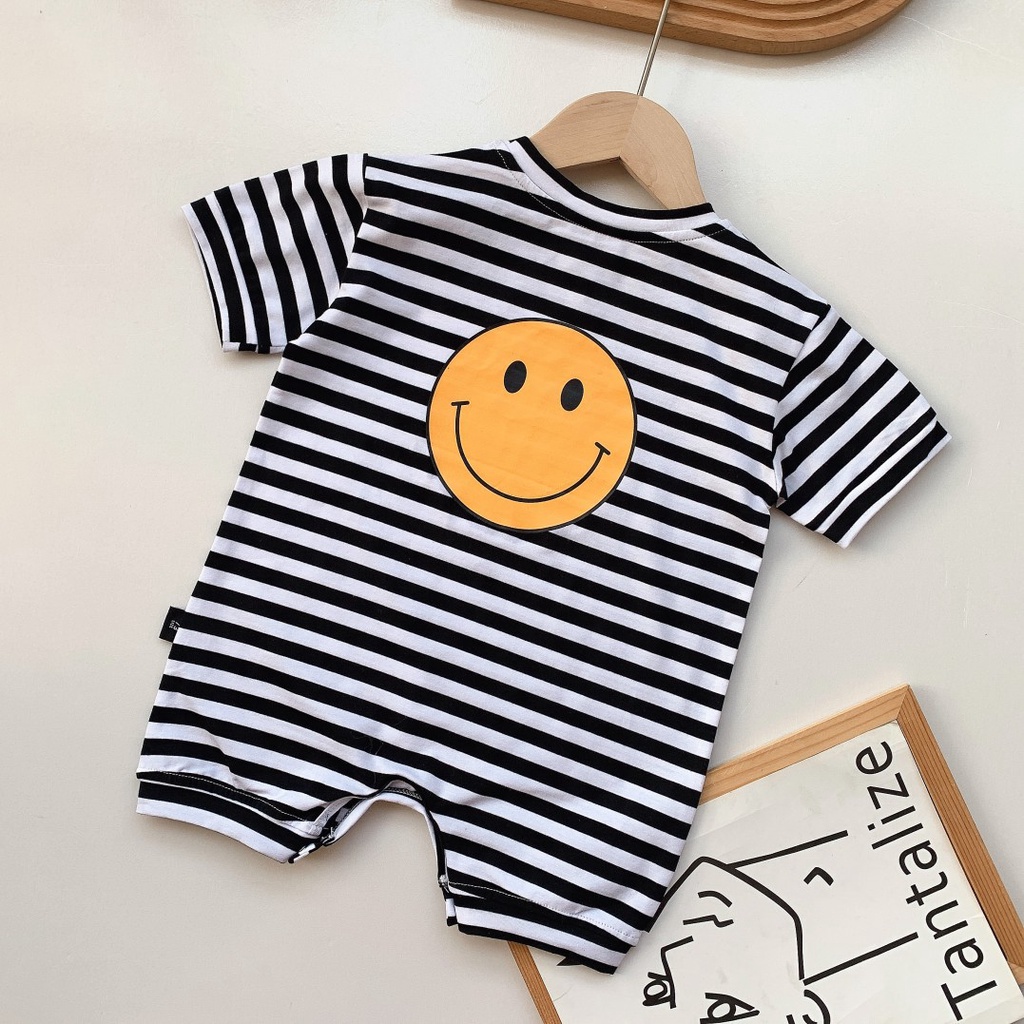 Mới Bộ Áo Liền Quần Kẻ Sọc Ngắn Tay In Hình Mặt Cười Cho Bé Trai