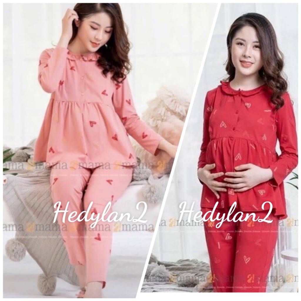 Bộ đồ bầu Tim cổ bèo Dài tay chất cotton cho các mẹ bầu mặc sau sinh, có khoá kéo ti cho con bú BD904