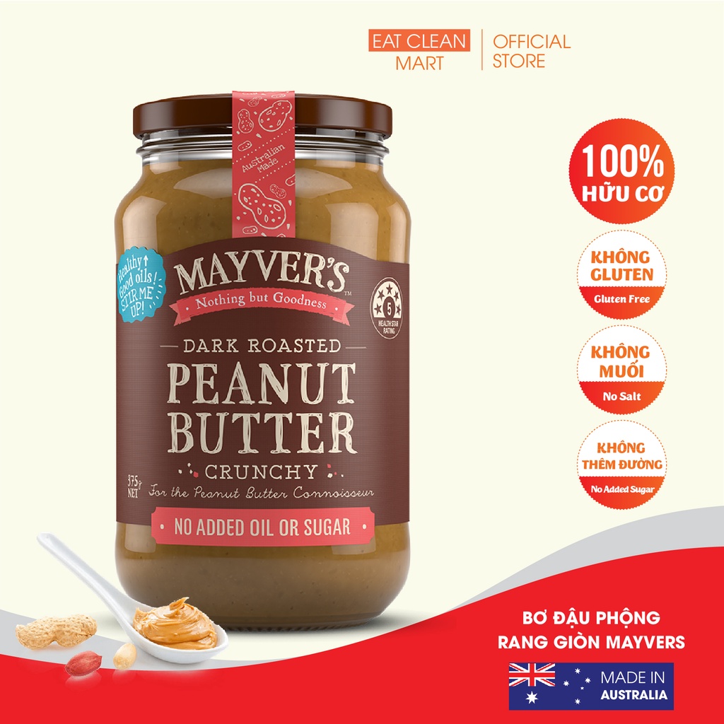 Bơ Đậu Phộng Rang Giòn Mayvers - Mayver's Dark Roasted Peanut Butter Crunchy - Hủ 375g