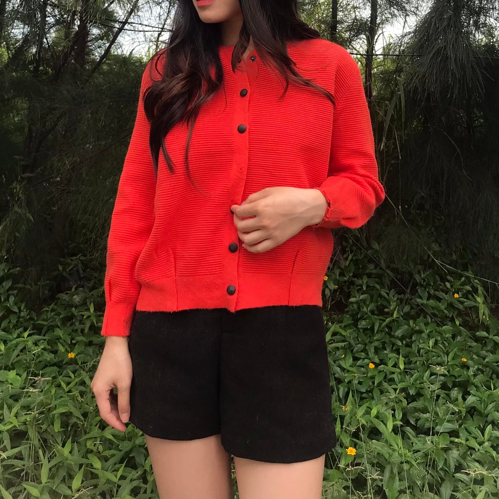 Áo khoác cardigan đỏ cam chất mềm sọc ngang chìm siêu xinh