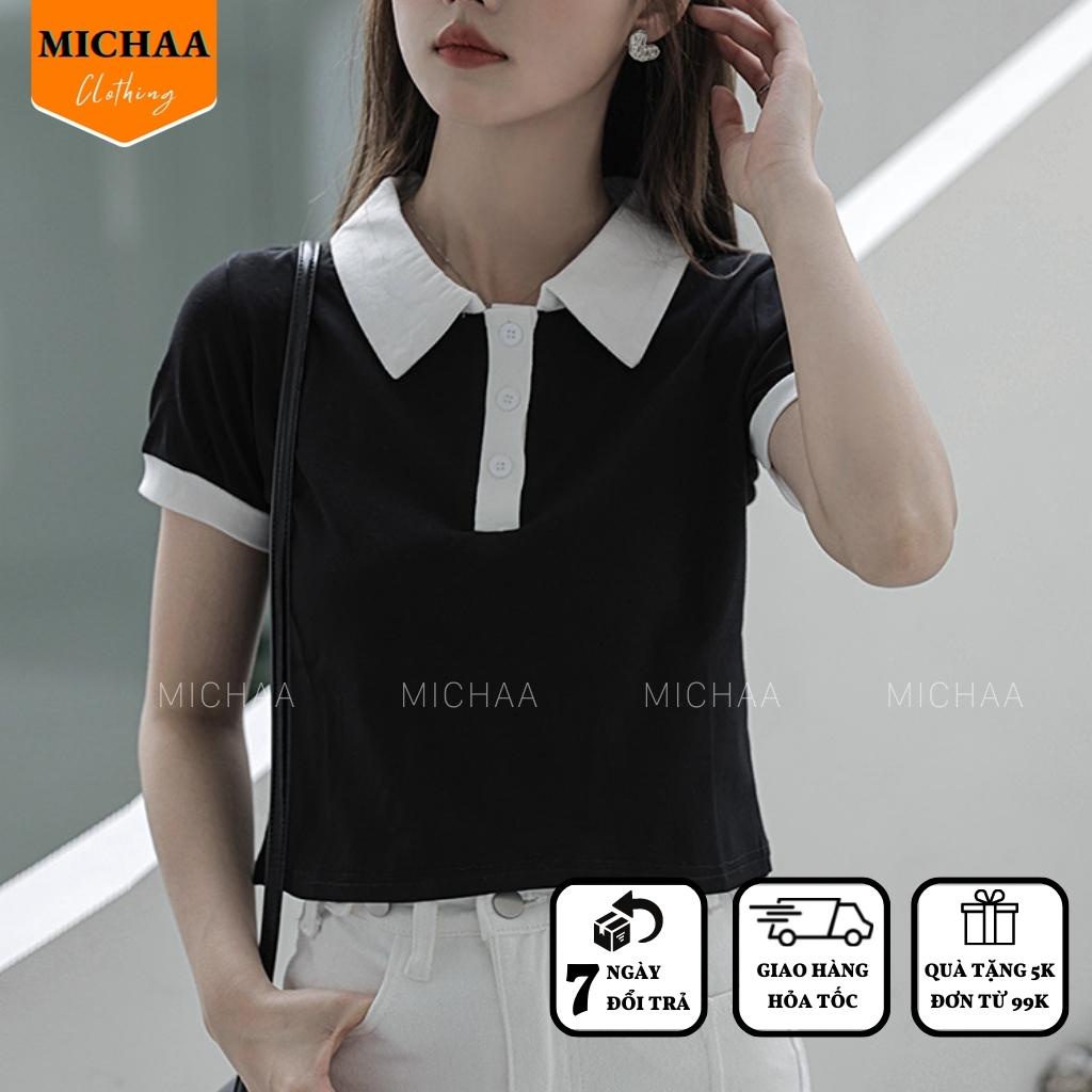 Áo Croptop CỔ POLO PHỐI Màu Đen Trắng Nữ, Áo Cổ Bẻ Tay Ngắn Đẹp - MICHAA