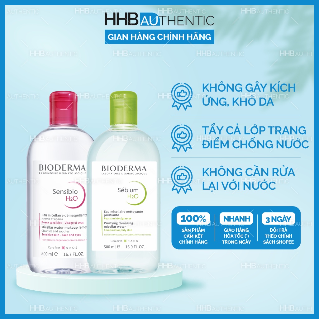 Nước Tẩy Trang Bioderma Pháp H2O 500ml chuẩn Auth tẩy trang nhẹ nhàng, sạch sâu - Xuất xứ Pháp