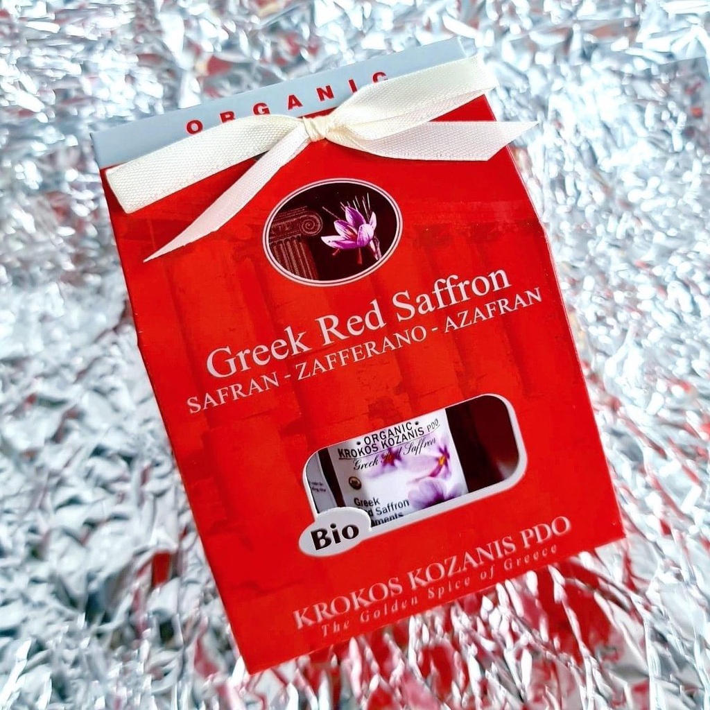 Nhụy hoa Nghệ Tây đỏ hữu cơ Hy Lạp hộp giấy đỏ/lọ thủy tinh nhãn hiệu Krokos Kozanis 1g