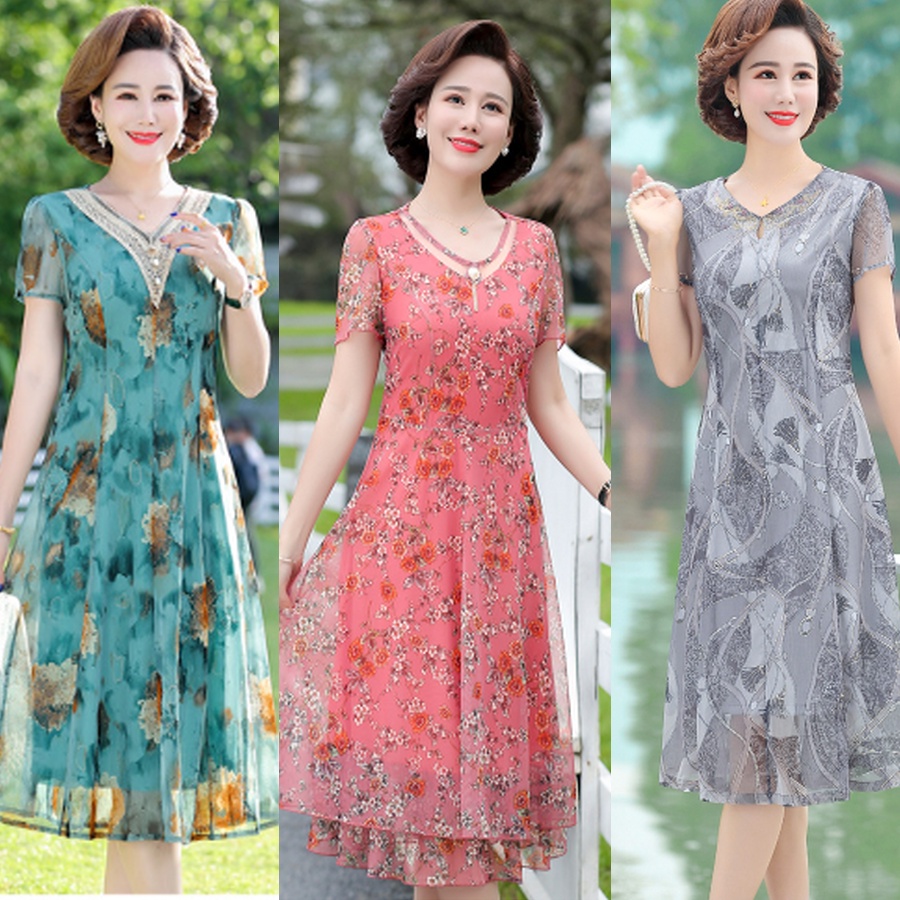 Váy Đầm trung niên nữ cho mẹ phối hoa cao cấp V81 - Áo đầm kiểu thời trang dự tiệc dạ hội đẹp cho người lớn tuổi Bigsize