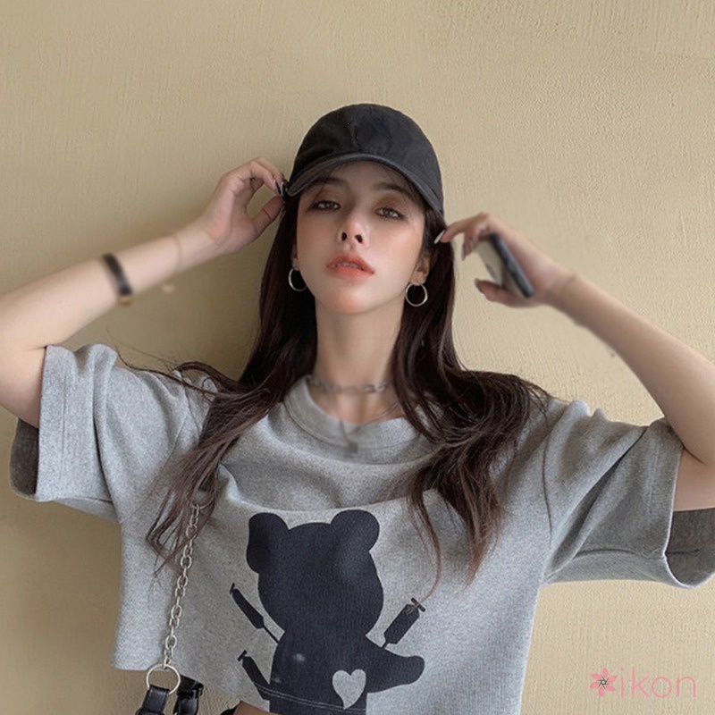 Áo Thun Ngắn Tay Dáng Rộng Lưng Cao In Họa Tiết Gấu Xinh Xắn Kiểu Hàn Quốc