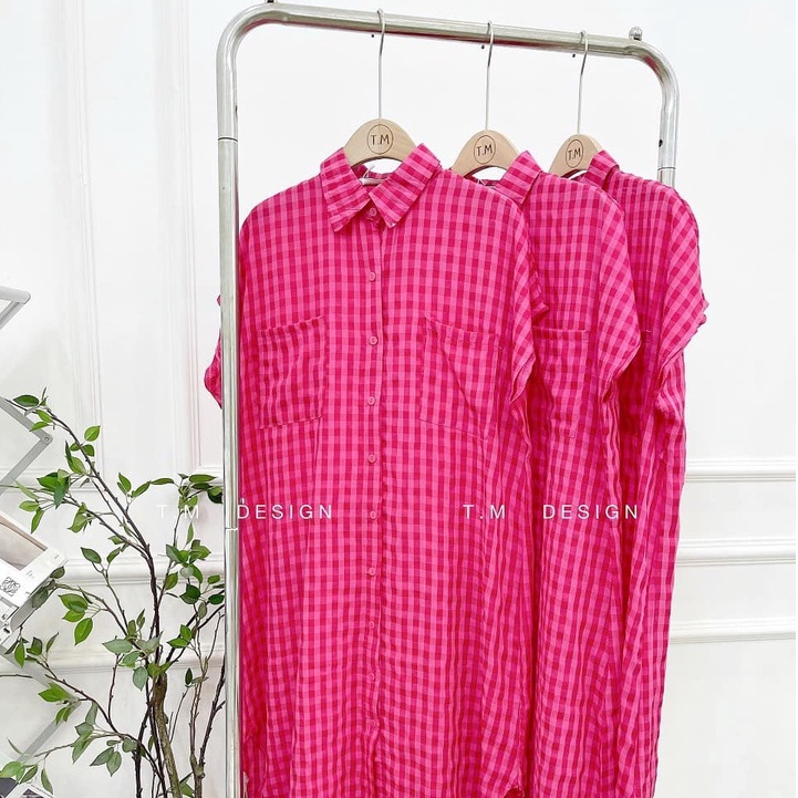 Váy sơ mi nữ LOZADO đầm suông nữ form rộng họa tiết kẻ caro hồng bánh bèo nữ tính hottrend - V151