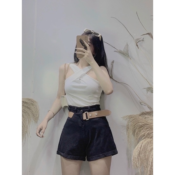 Quần short bò đai da lật gấu B95