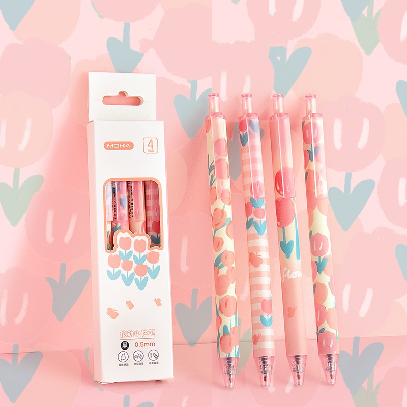 Set 4 Bút Bi Mực Đen Ngòi 0.5mm Họa Tiết Hoa Lãng Mạn