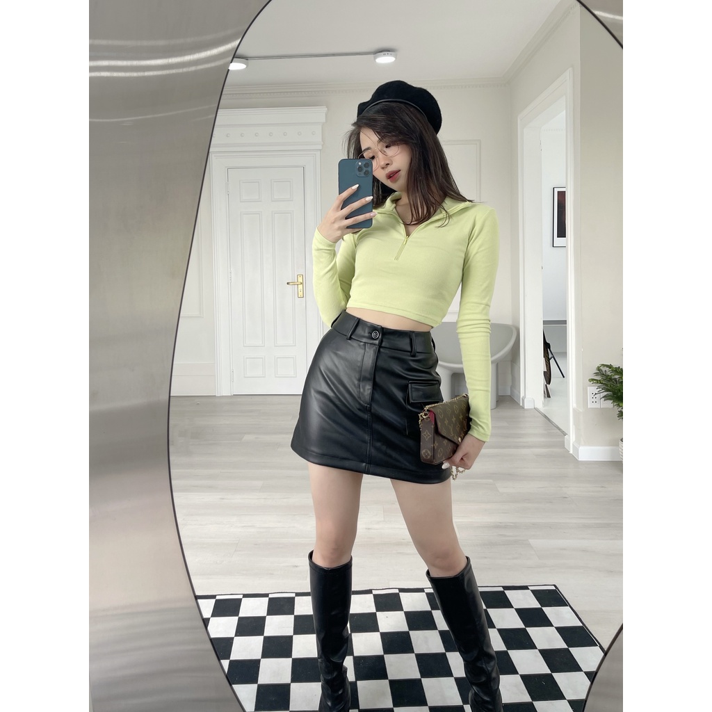 Váy quần túi hộp HEYBEE phom ôm màu đen cá tính, chất liệu vải da mềm mát (có quần bên trong) - LEATHER SKORT HT720.
