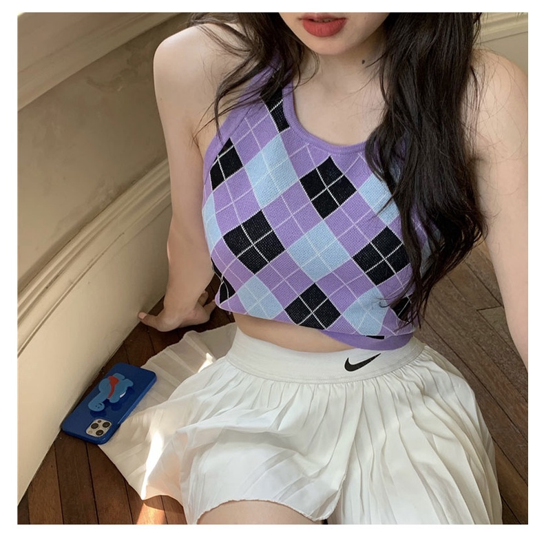 QKOOLE  Áo Dệt Kim Hai Dây Họa Tiết Sọc Caro Phong Cách Hàn Quốc