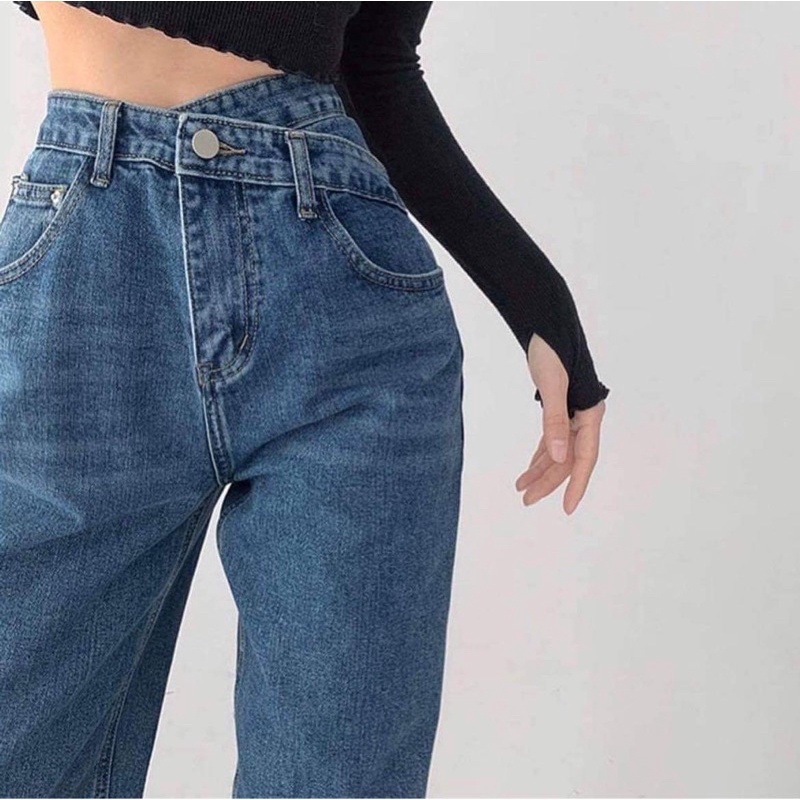 Quần jeans ống rộng nữ dáng suông 1 cúc cạp lệch xanh đậm