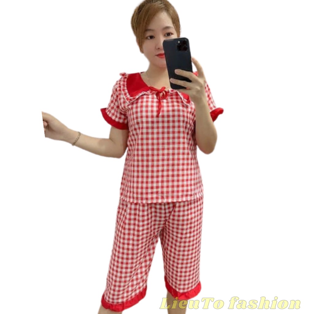 Bộ Lửng Caro Tiểu Thư Mặc Nhà Siêu Xinh. vải kate lụa mềm mát, hàng free size dưới 55kg,  như hình