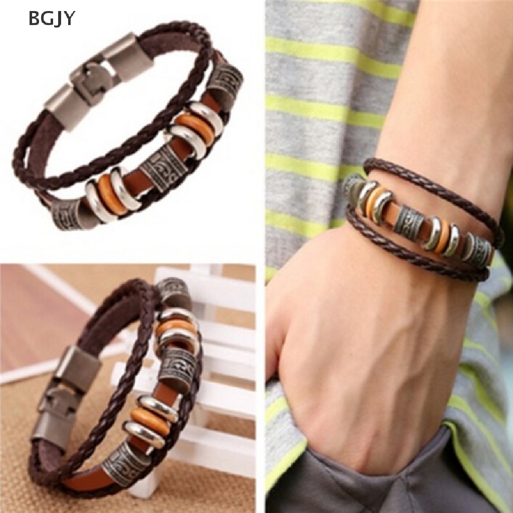 BGJY Retro Leather Bracelet Fashion Men Punk Bracelet Handmade Brown Leather Bracelet NEW