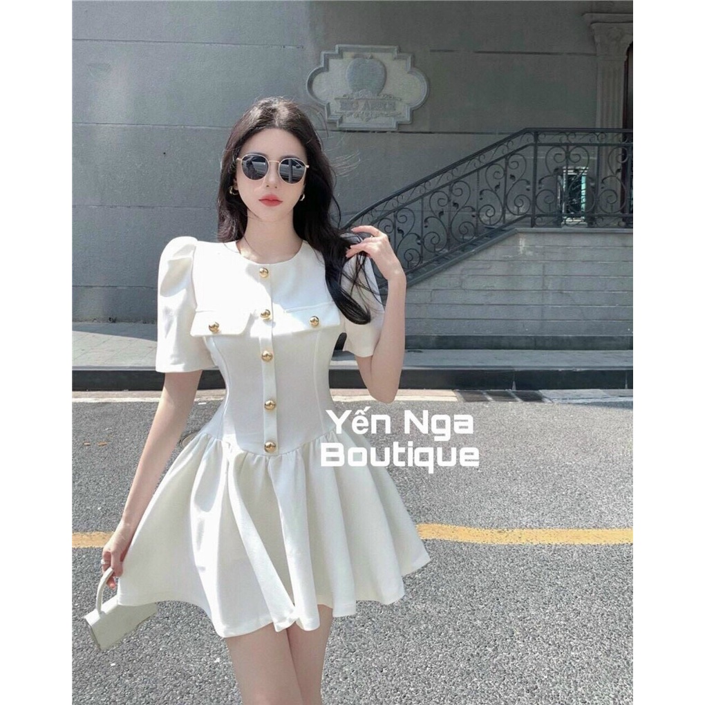 [8.8 Sales Freeship] Đầm nữ thiết kế đính nút đắp túi tay phồng, đầm đi tiệc cổ tròn ôm eo xòe kết nút cực sang trọng