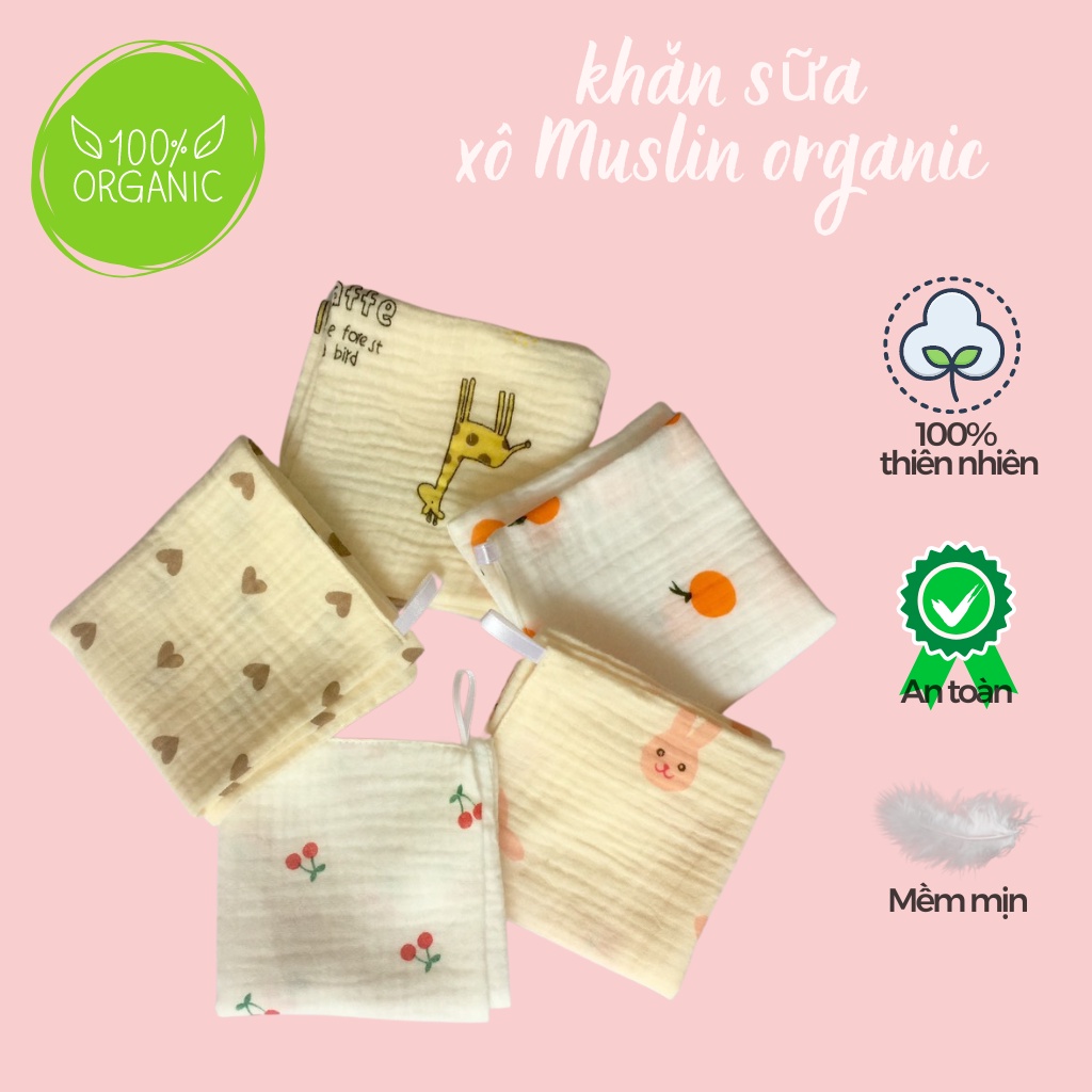 khăn sữa xô Muslin organic siêu mềm mại, an toàn cho bé