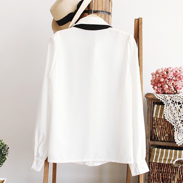 Áo sơ mi big size màu trắng tay dài cổ thắt nơ size lớn 65-80kg