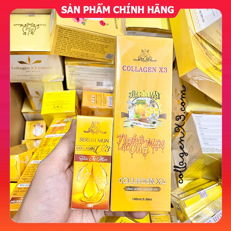 Combo Sữa Rửa Mặt Collagen X3 + Serum Mụn Colagen X3 Luxury Mỹ Phẩm Đông Anh