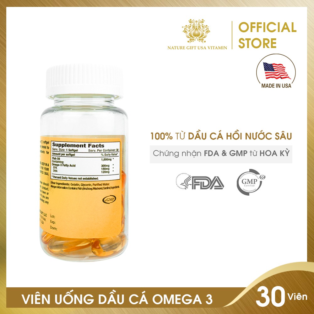 Viên Uống Dầu Cá Omega 3 Bổ Sung EPA & DHA, Tốt Cho Tim Mạch, Bổ Mắt và Bổ Não - Nature Gift USA (30 viên)