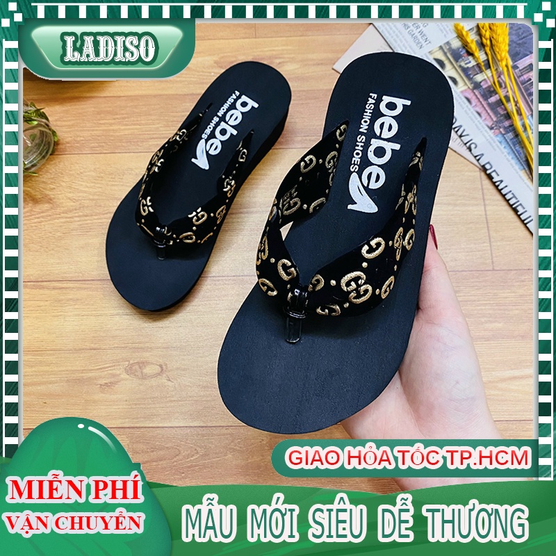 Dép đế xuồng nữ LADISO quai kẹp SIÊU NHẸ phối chữ sang chảnh cao 7cm - TT347