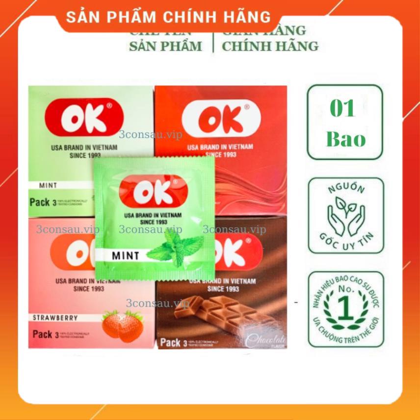 Bao cao su Ok, bao cao su siêu mỏng, size nhỏ mùi hương dâu, bạc hà, nho, socola, original, 1 bcs