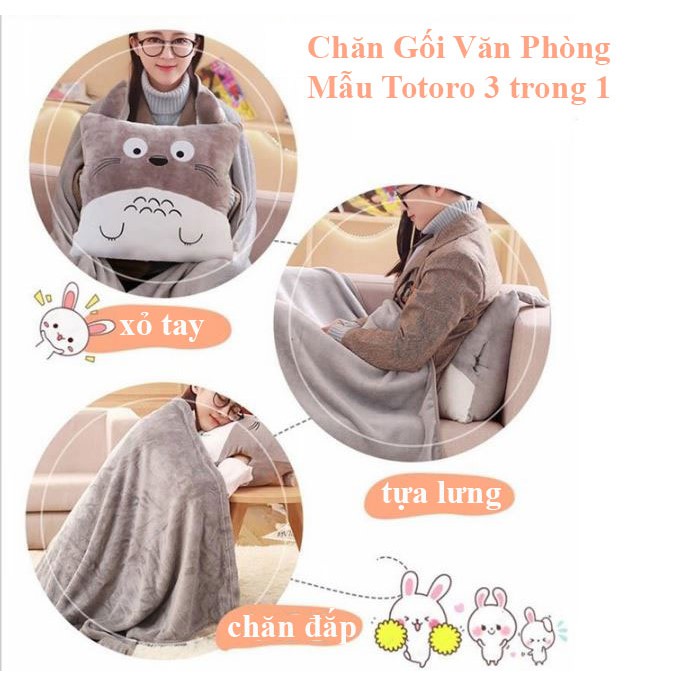 Bộ chăn gối văn phòng 3 in 1 Totoro vuông màu xám có thể mang đi du lịch tiện lợi