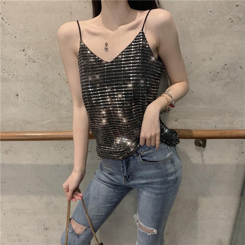 Áo thun len hai dây cổ V đính sequin lấp lánh thời trang dành cho nữ