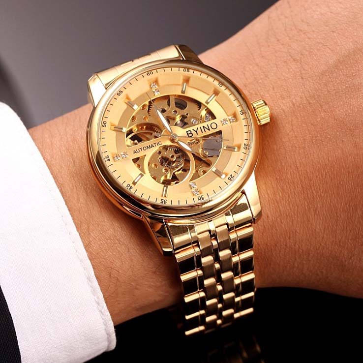 Đồng hồ nam Byino 8777 cơ tự động lộ máy dây thép không gỉ