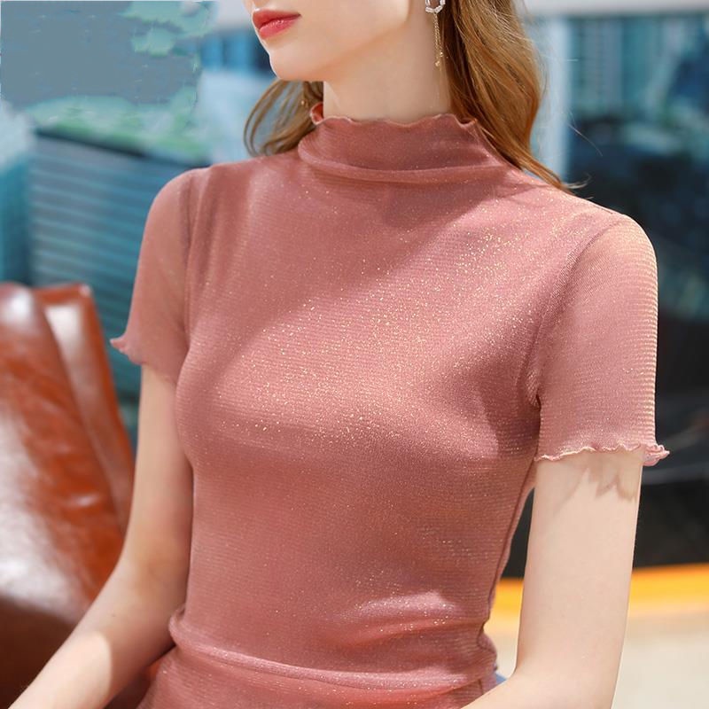 Áo Thun Tay Ngắn Cổ Lọ Phối Lưới Màu Hồng Thời Trang Cho Nữ