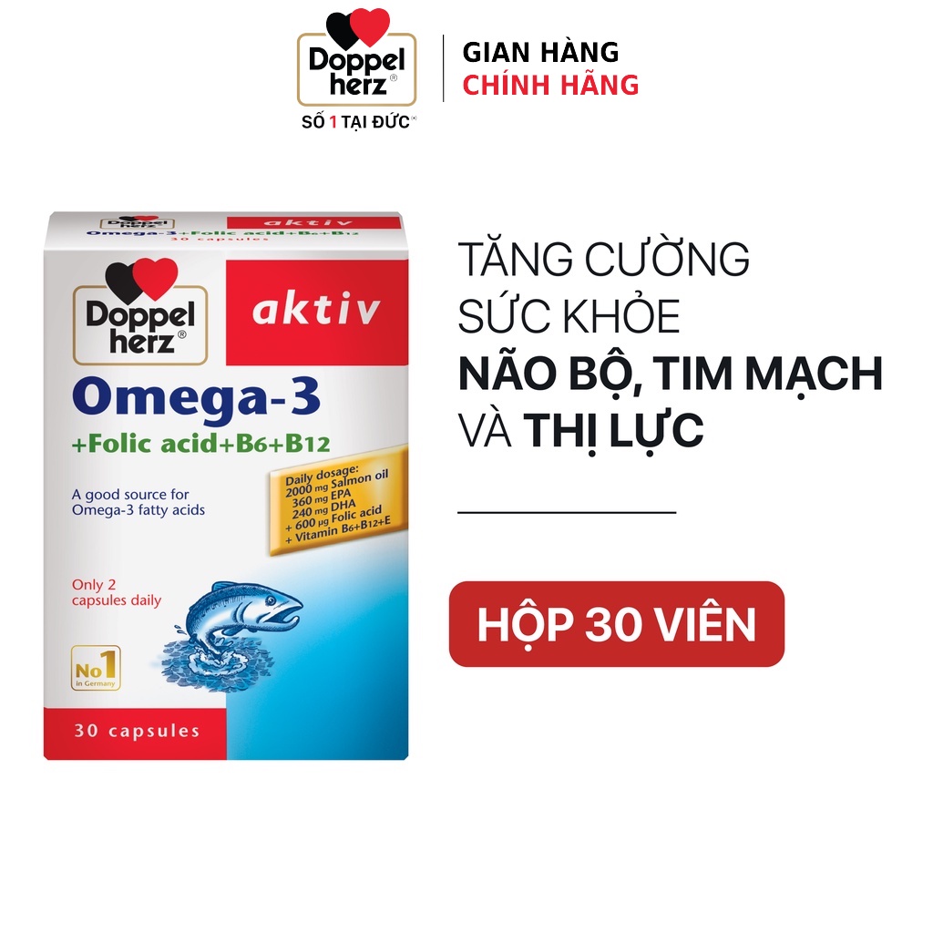 [TPCN Nhập Khẩu] Viên uống tăng cường thị lực, tim mạch và não bộ Doppelherz Omega 3 + Folic acid + B6 + B12 (Hộp 30v)