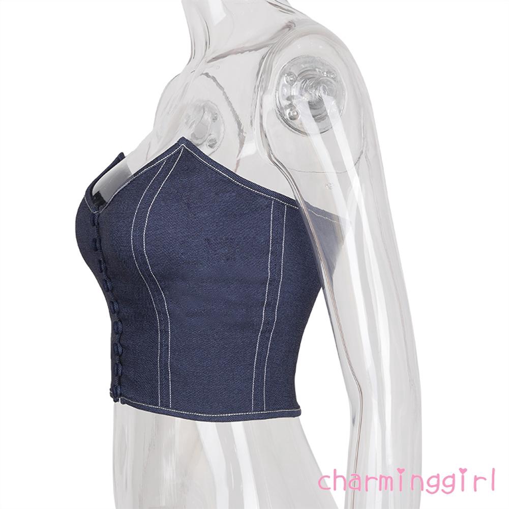Áo Croptop Denim Cúp Ngực Phối Nút Thiết Kế Cổ Chữ V Quyến Rũ | BigBuy360 - bigbuy360.vn