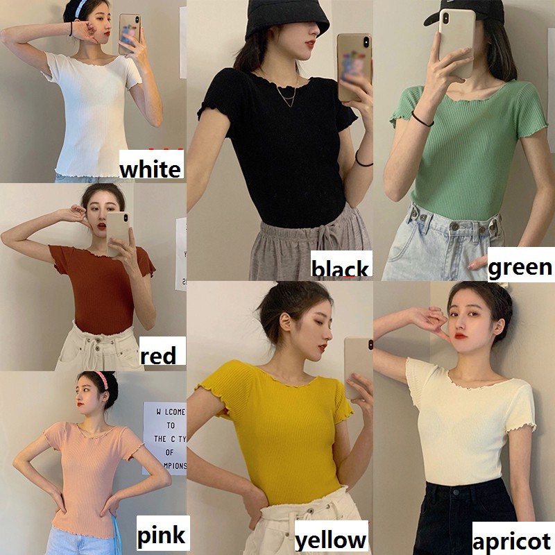 Áo Croptop Dệt Kim Tay Ngắn Phối Bèo Thiết Kế Hợp Thời Trang