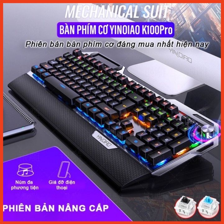 Bàn Phím Cơ Máy Tính Blue Switch Gaming YINOIAO K100Pro Full LED RGB 104 Phím 12 Chế Độ Trục Cơ Xanh