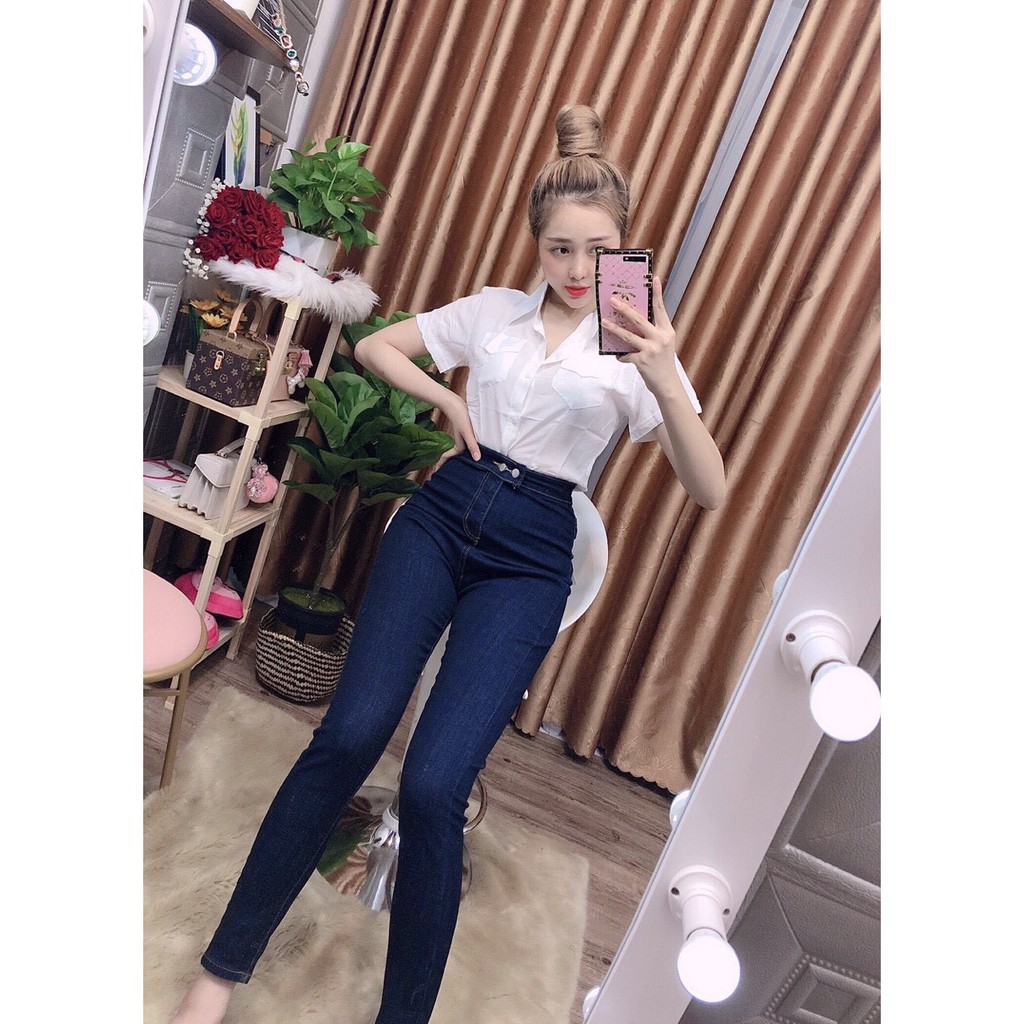 Quần Jean Nữ Lưng Cao ĐAI TRƠN PHỐI 2 CÚC GÀI siêu hot chất jean giãn tốt 0-1