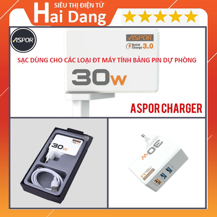 Củ Sạc Nhanh, Phích Cắm Sạc 3 Cổng A858Q ASPOR 30W (sạc siêu nhanh với 3 cổng USB)