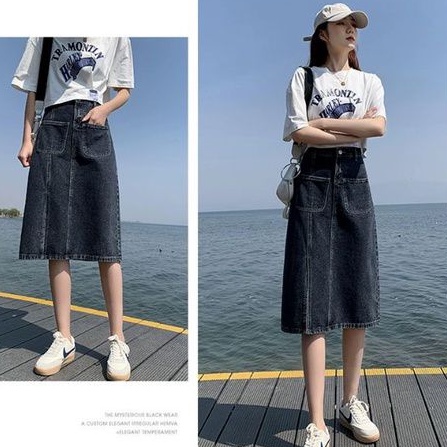 ( Sẵn )CHÂN VÁY JEANS NỮ CẠP CAO, CHÂN VÁY XẺ DÁNG CHỮ A