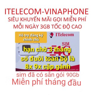SIM 4G iTel - iTelecom gói may 90Gb(miễn phí tháng đầu)gọi vinaphone miễn phí