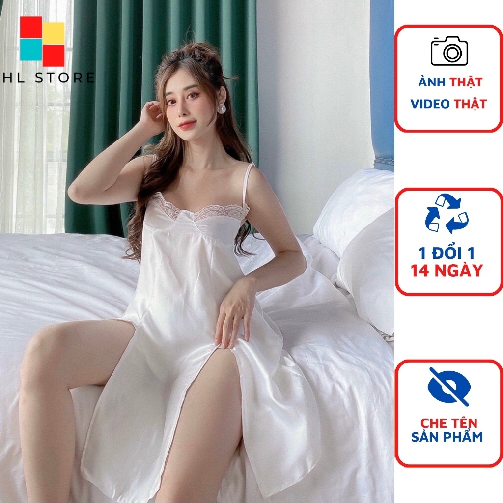 Váy ngủ sexy 2 dây xẻ đùi cao Hải Lan Store, lụa satin cao cấp, kèm quần đùi, freesize 40-60kg tùy chiều cao