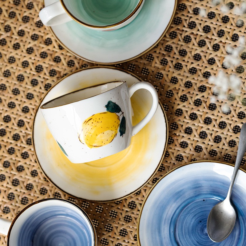 Cutelife Ins 180ML Hàn Quốc Retro Lemon Ceramic Coffee Cup Bộ tách trà sữa Nước ép tái sử dụng Cốc nước cách nhiệt có ta
