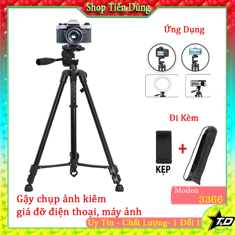 Gậy selfie chụp ảnh 3 chân tripod 3366 cao 1m5 có tay cầm, tặng đầu kẹp và túi đeo- Chân Giá Đỡ Điện Thoại Chắc Chắn