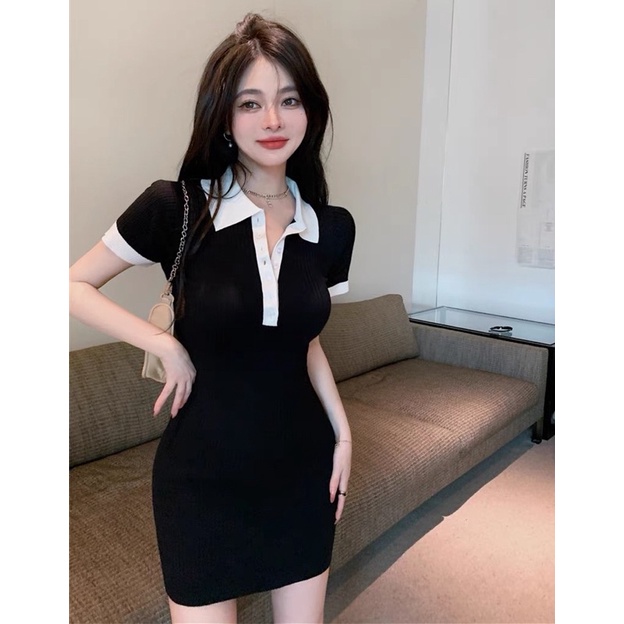 VÁY BODY CỔ VIỀN TRẮNG / ĐẦM BODY LEN GÂN