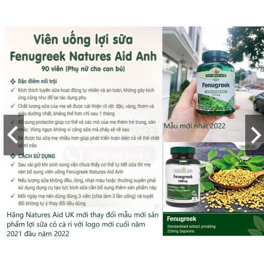 Viên uống lợi sữa thảo dược Fenugreek Natures Aid 500mg lọ 90 viên (Anh). Giúp cải thiện chất lượng sữa