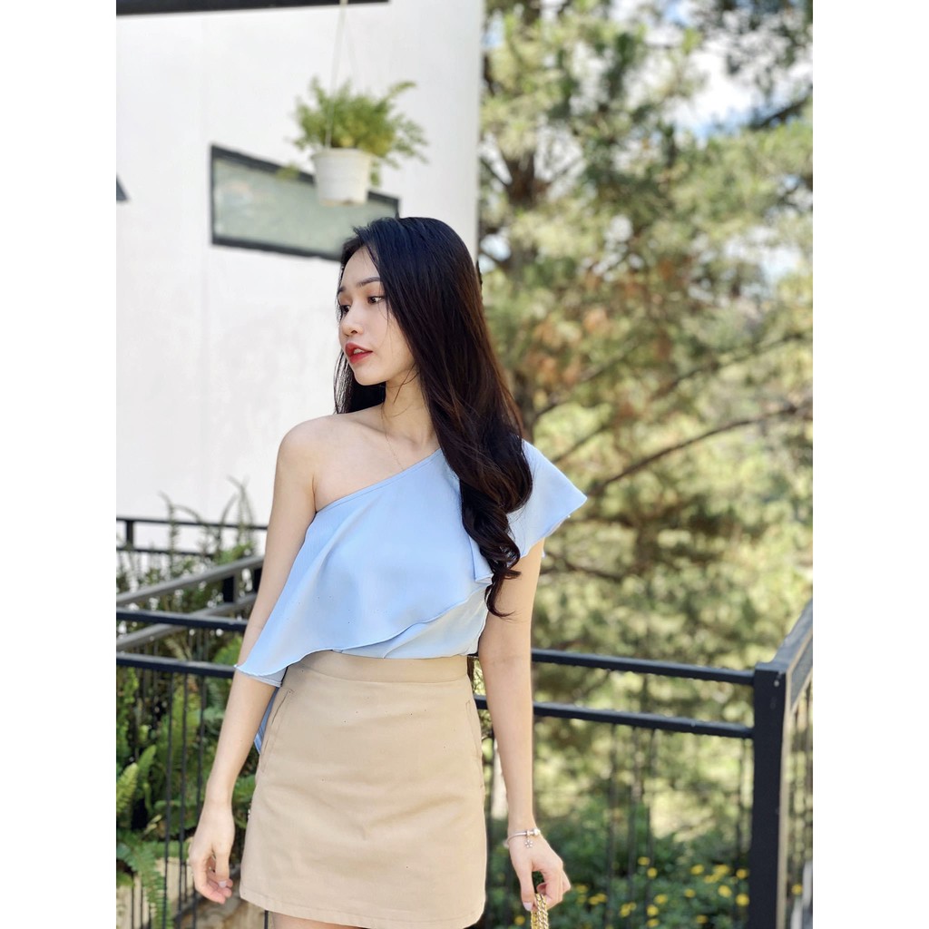 (ẢNH THẬT) Áo Đũi Lệch Vai Bèo Xéo (XANH)