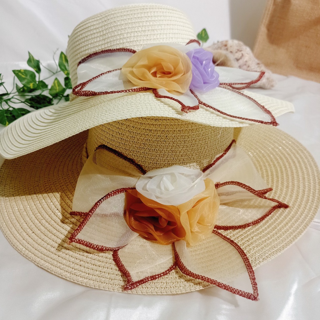 Nón cói/mũ cói nữ đi biển vành rộng phối hoa bản to rực rỡ sang chảnh hình chụp thật-vành rộng hoa to