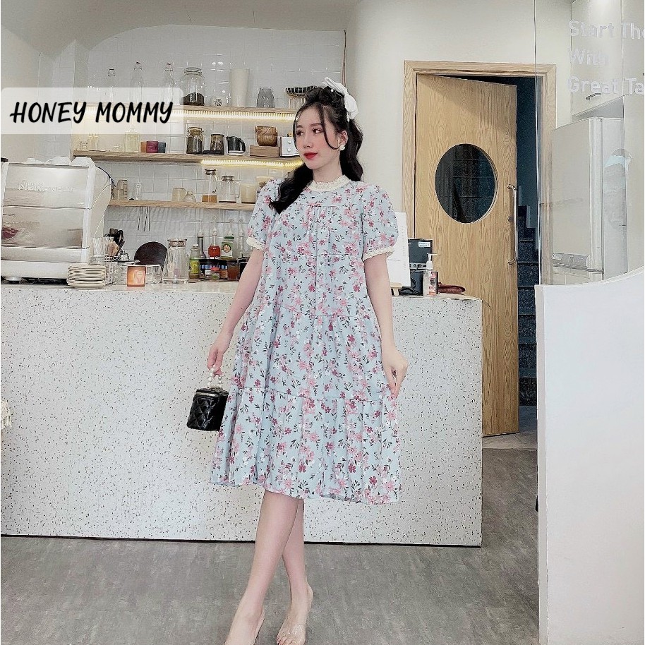 Váy Bầu Voan Hoa Nhí Cổ Ren Kèm Dây Buộc HD2835 Honey Mommy Đầm Bầu Hè Ngắn Tay Công Sở Đi Chơi